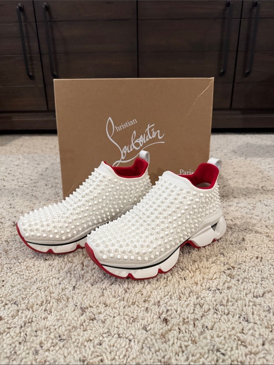 Christian Louboutin Shoes - Christian Louboutin White Pearl-Stud Slip-On Sneakers with Red Accents